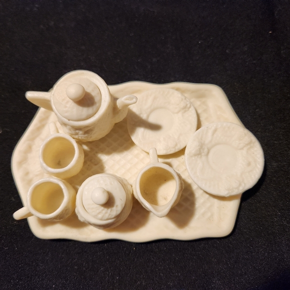 Vintage 10 Piece Porcelain Bisque White Rose Victorian Miniature Tea Set Doll - Picture 5 of 8